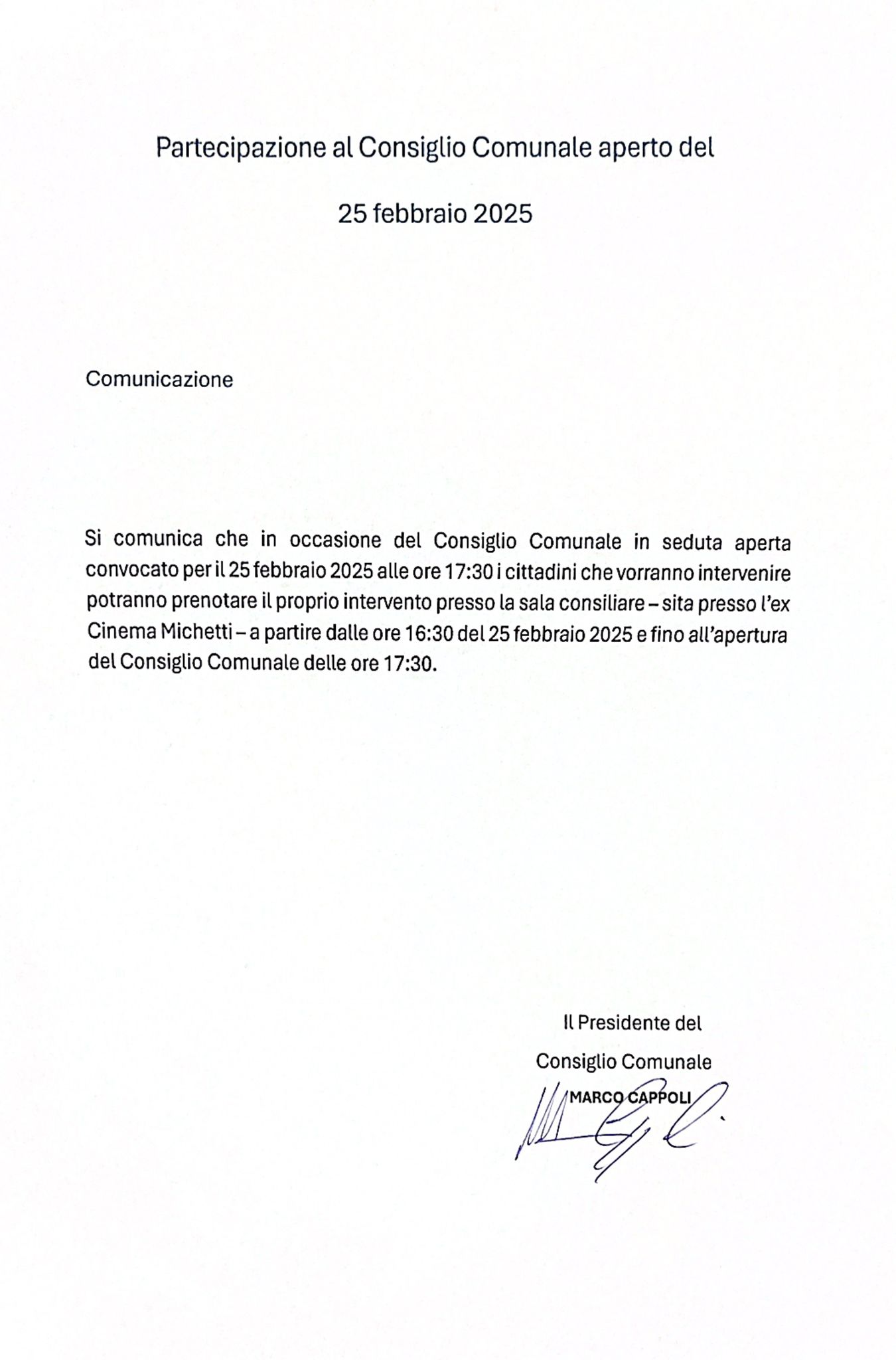 COMUNICAZIONE CONSIGLIO COMUNALE APERTO DEL 25.02.2025